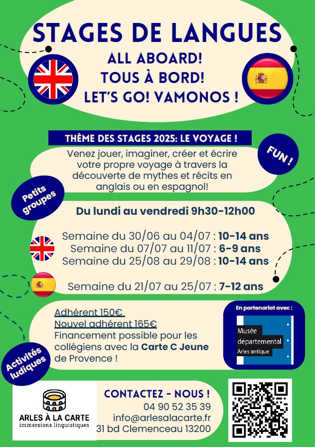 Affiche stages été 2025 enfants regardant une carte avec une loupe